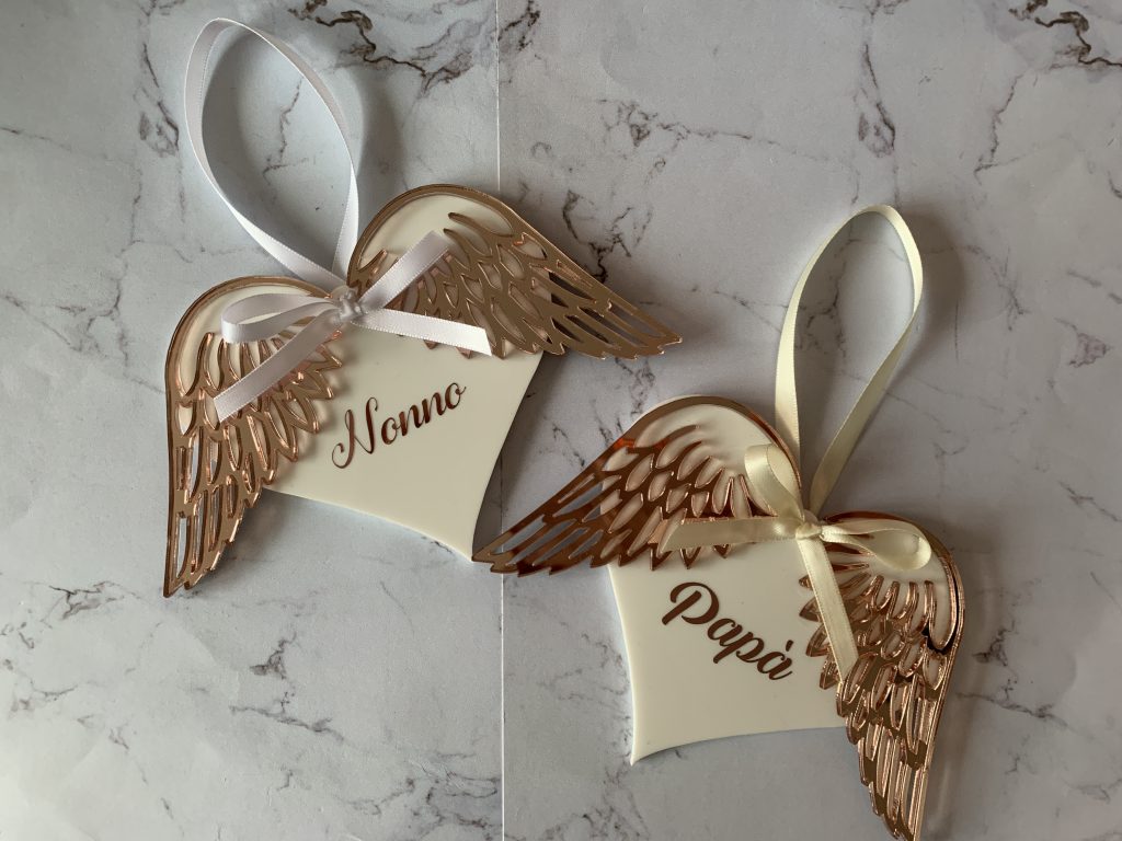 Memorial ornament with rose gold wings finished off with rose gold text of your choice