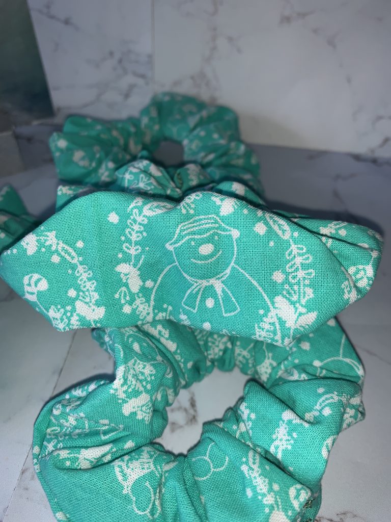 Snowman and the Dog cotton scrunchies in small and medium sizing