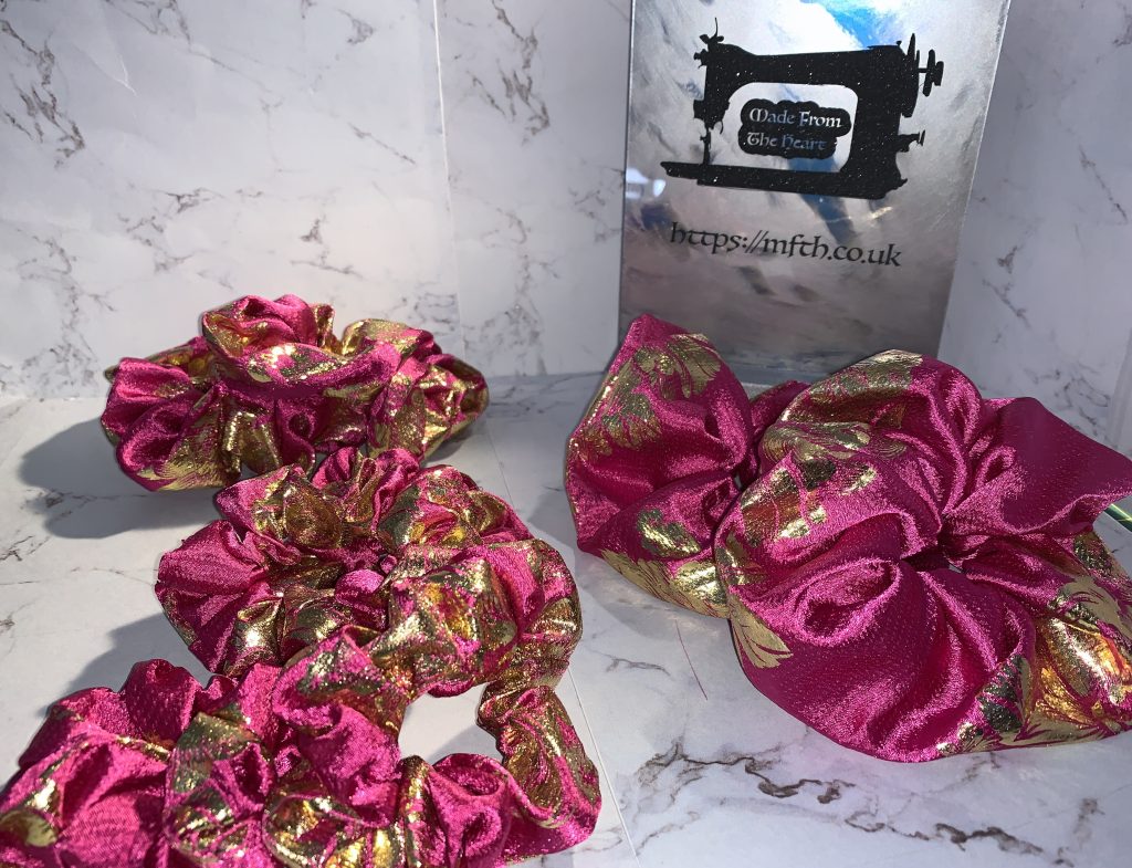 Hot pink satin scrunchie with gold leaf pattern