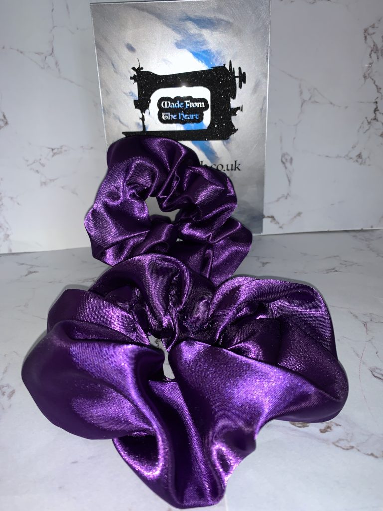 Cadbury Purple satin scrunchies, available in all 3 sizes