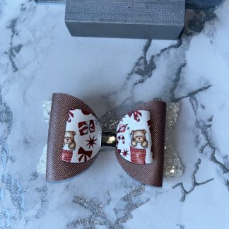 Large 4" white sparkling glitter backing, rose gold middle with Christmas Teddy in Stocking topper