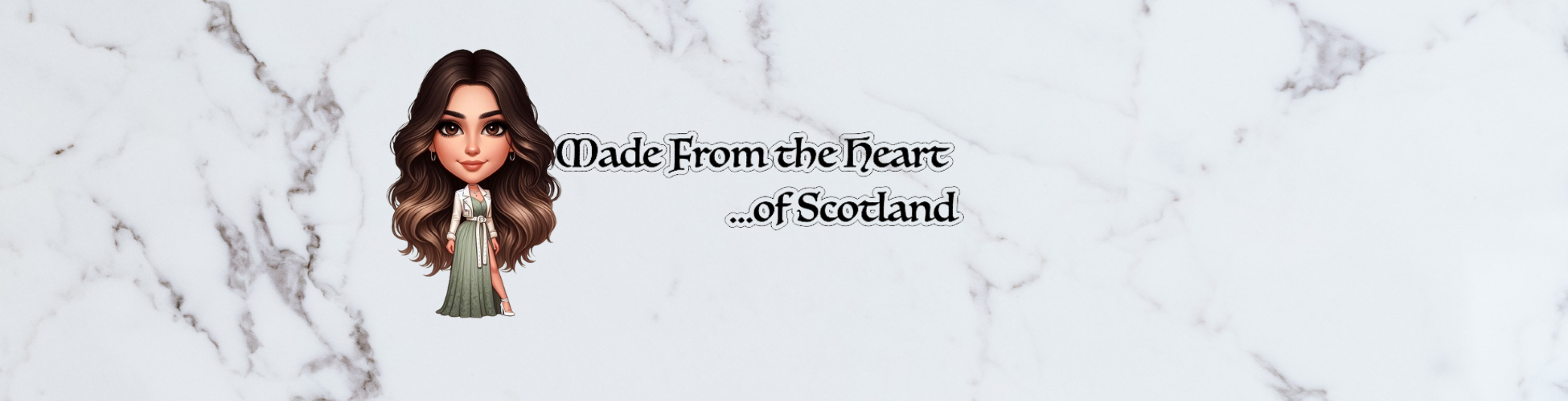 HeaderJuly2024 - Anna with long dark hair, sage green dress and Made From the Heart banner