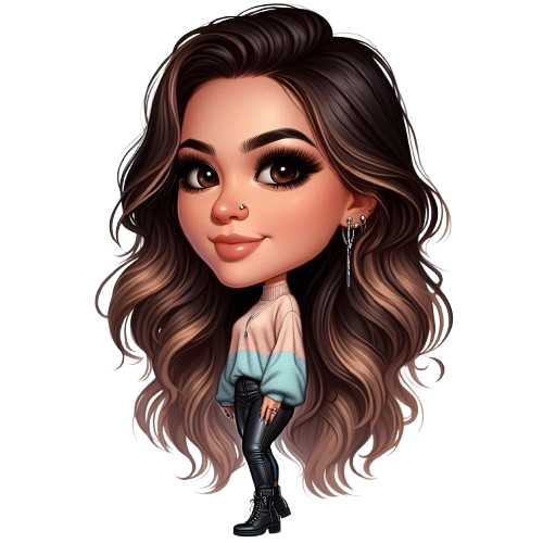 Caricature of owner Anna in a pastel jumper with leather leggings, long dark brown hair with blonde highlights, nose piercing and long earrings