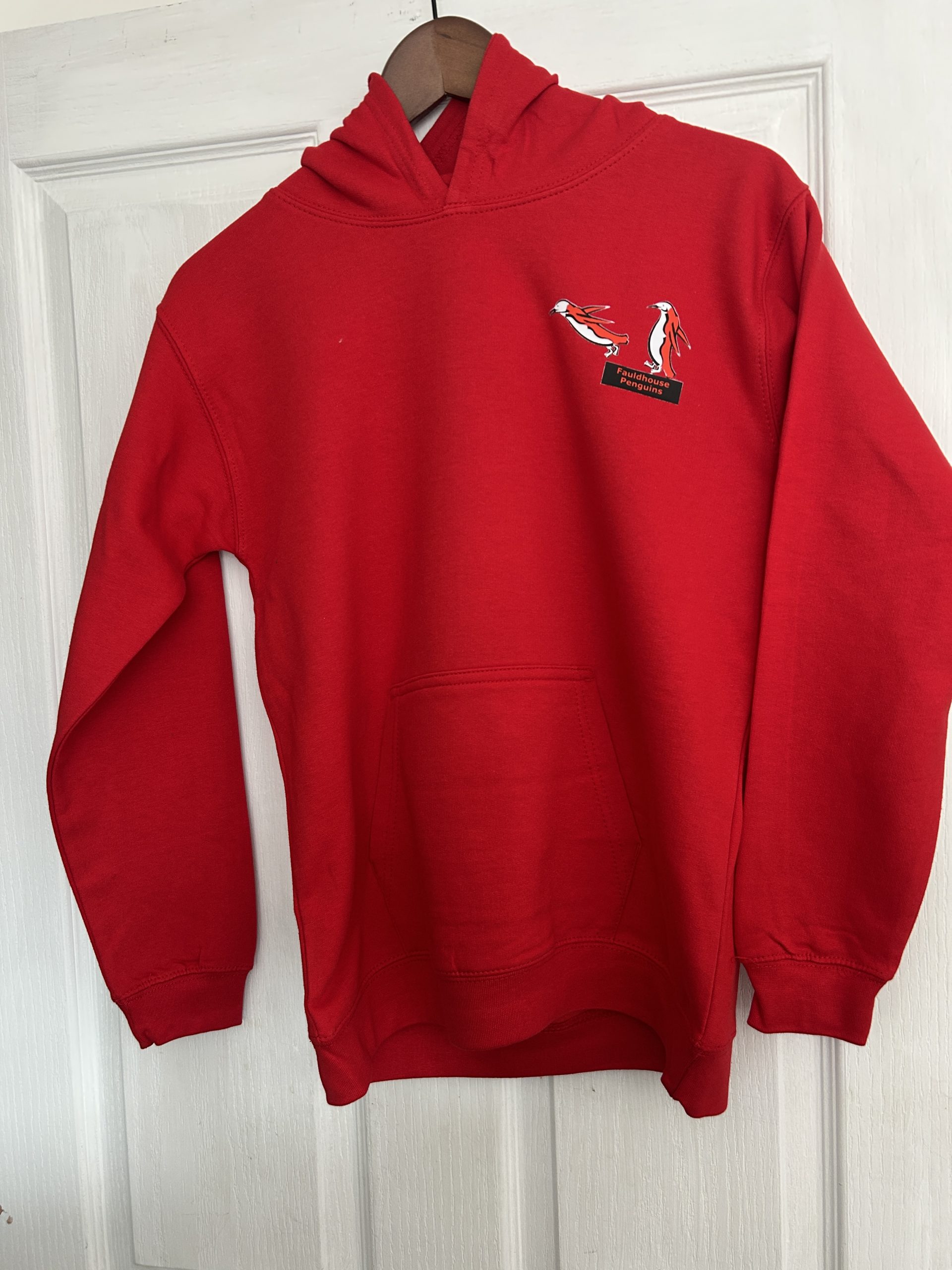 Red Fauldhouse Penguins hoodie with fleece lining and kangaroo pouch penguins logo with black dive board