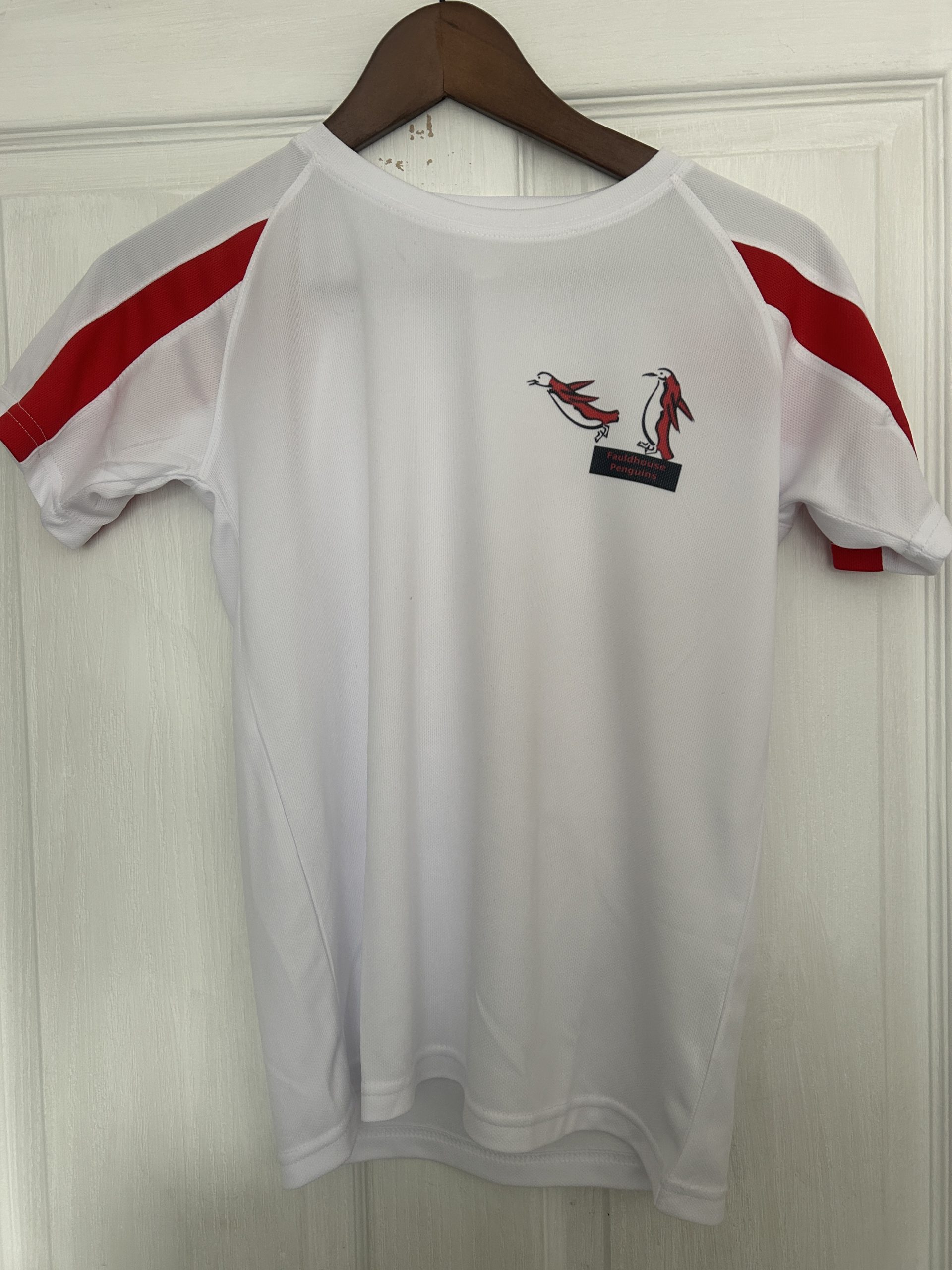 Kids Fauldhouse Penguins t-shirt white with red accent and Penguins logo on black dive board on right chest area