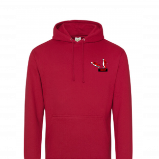 Image example adult red hoodie with black penguins dive board logo and draw cords
