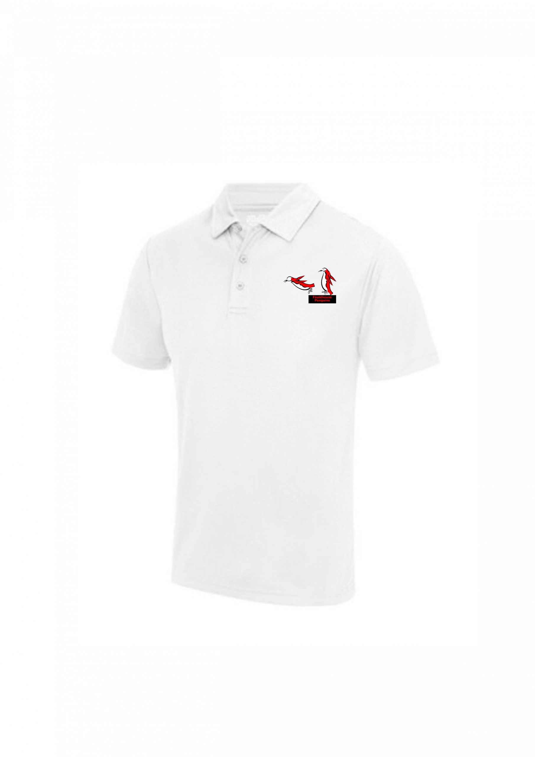 Image example white timekeepers polo with black penguins dive board logo